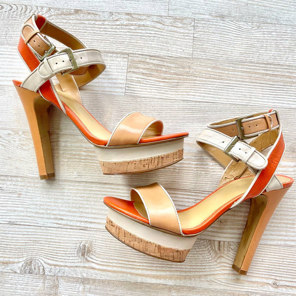 Nine West Shoes - Nine West Risky Biz Colorblock Leather Platform Sandals | Orange Size 9.5
